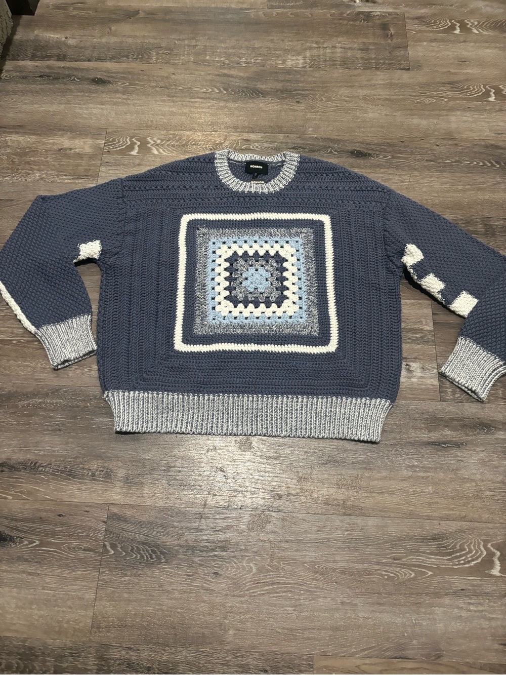 Monrow Blue Crewneck Sweater with Crochet Square Detail